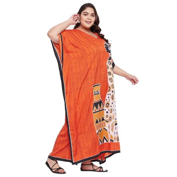 Women Plus Size Polyester Maxi Tribal Printed Orange Kaftan Dress by Gypsie Blu - Picture 5 of 9